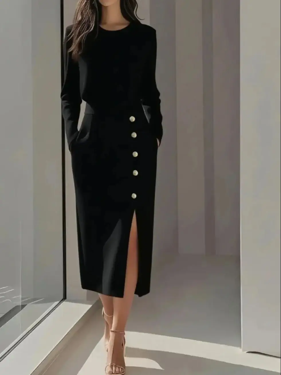 Women's Solid Color Long Sleeves Elegant Midi Dress with Button Details and Side Slit - Crew Neck - Image 2