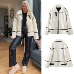 25AW New Casual Lamb Wool Contrast Color Plush Warm Jacket