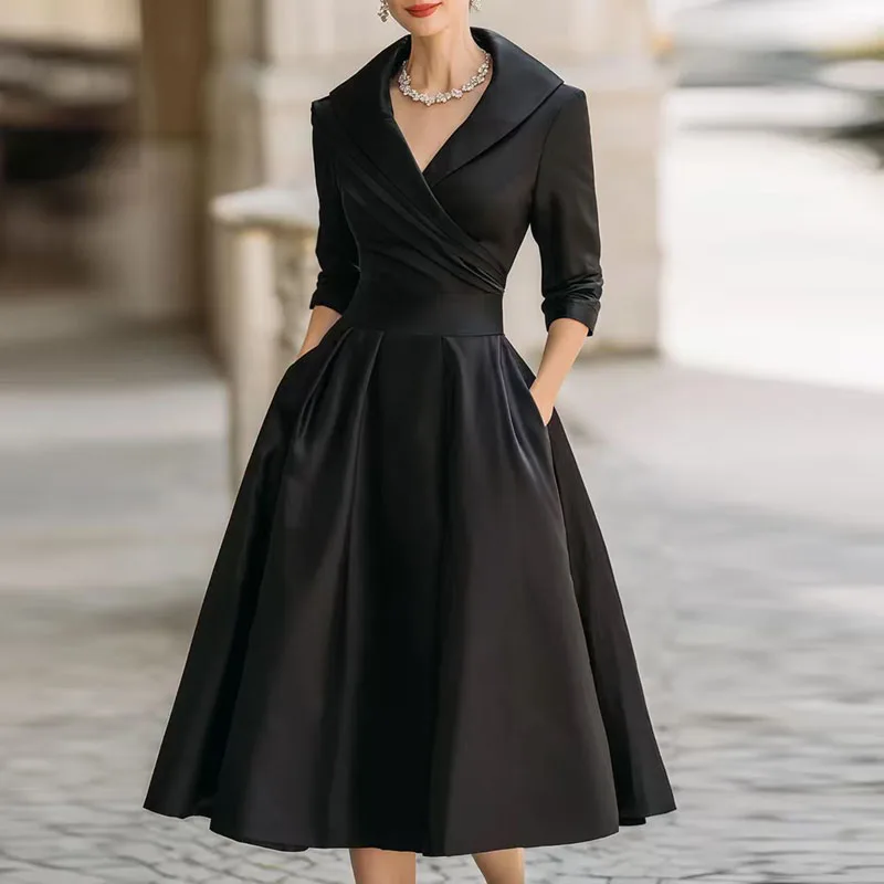 2025 Autumn Long Sleeve Lapel Draped Slim Dress - Image 3