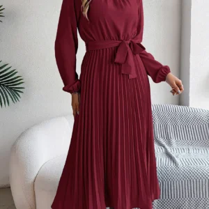 Elegant Pleated Long Dress Long Sleeveed Lace Up Dresses
