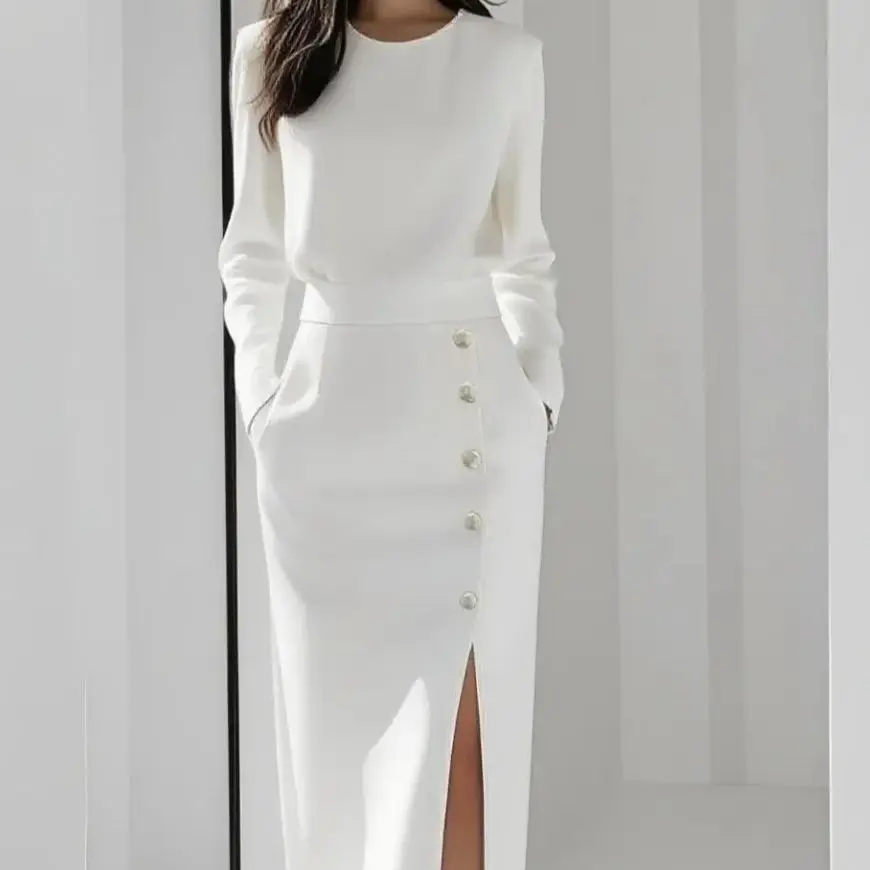 Women's Solid Color Long Sleeves Elegant Midi Dress with Button Details and Side Slit - Crew Neck - Image 3