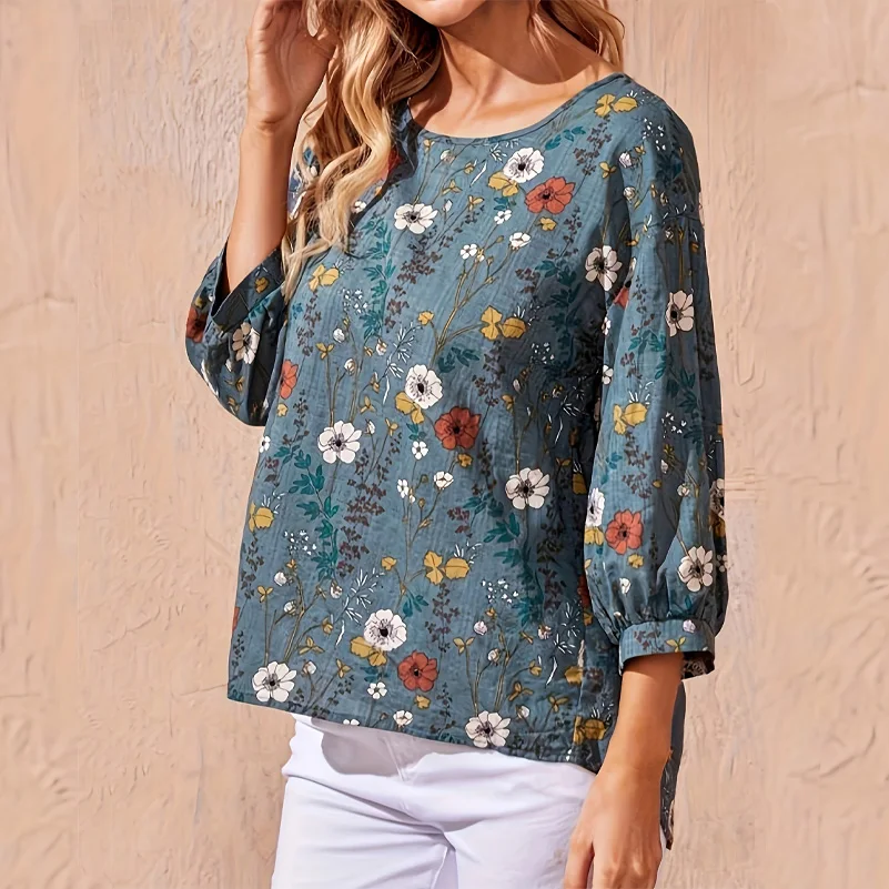 Plus size women's casual shirt, floral print round neck lantern sleeve loose top, women's office casual top - Image 2