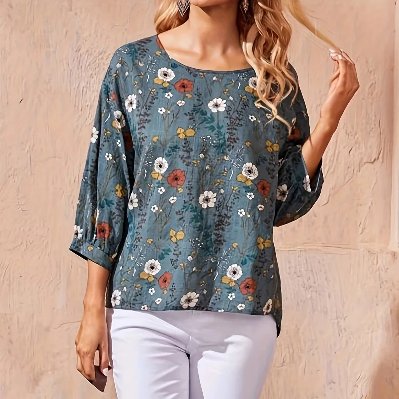 Plus size women's casual shirt, floral print round neck lantern sleeve loose top, women's office casual top - Image 3