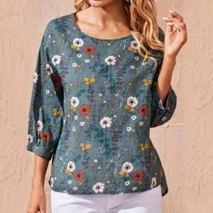 Plus size women's casual shirt, floral print round neck lantern sleeve loose top, women's office casual top